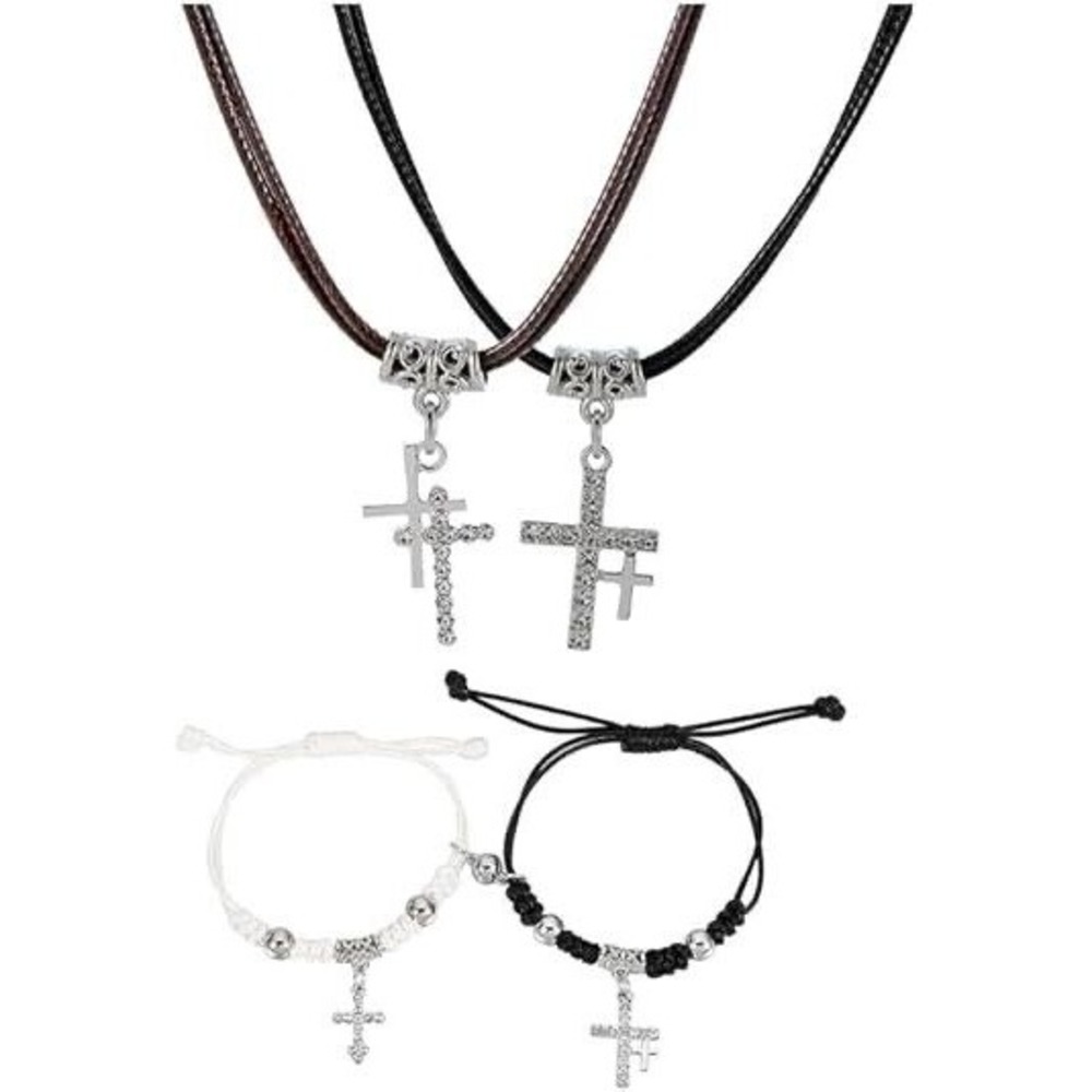 BFF Necklace and Bracelets for 2 Best Friends 4Pcs Charm Crystal Cross‎ Pendant